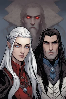 A couple, from the dnd game curse of Strahd. The woman has long white hair and blue eyes, the man has LONG BLACK hair and red eyes, no facial hair.