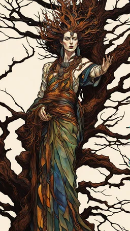 Egon Schiele, Abraham Rattner style abstract expressionist, full body comic book illustration of a pagan druid priestess, bristlecone pine sculpture , dark and dry branches, harmony, intricately detailed, highly detailed facial features, ethereal, otherworldly, the smell of the ancient essence of eternity in vibrant natural color