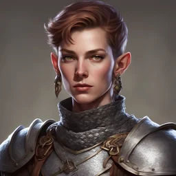 dungeons and dragons; portrait; solid background; human; chainmail; round ears; short hair; no collar; androgynous; soldier; middle aged