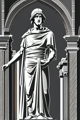 Architecture of ancient Rome of the II century AD Statues of ancient Roman gods contour reconstruction. The drawing is linear, in the style of vector graphics, black and white. High image quality in 8K