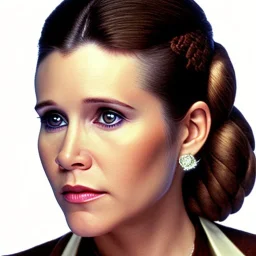 realistic analog style photography, Beautiful photorealistic close up face of carrie fisher, soft ethereal skin, studio lighting, sharp brown eyes, dark plain background