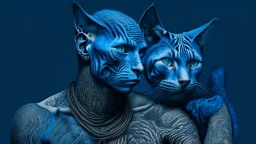 blue background, cat man, wool, fine drawing, high detail, 8K, tattoos,