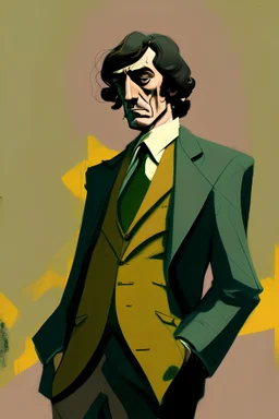 Irish, middle age , bored, 1970s suit, with background, stylised, concept art, digital art