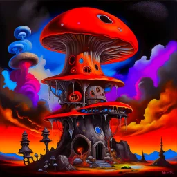 A fantabulous black, orange, and blue (((mushroom tower house))) erected atop a (geologic pillar), surrounded by the uncanny imaginative ((( swirling skies))), offset by the stark hues of a (neon-tinged nebulous space scape), within. captured by the hand a skilled master painter with a focus on (softly blurred compositions and voluminous lighting).