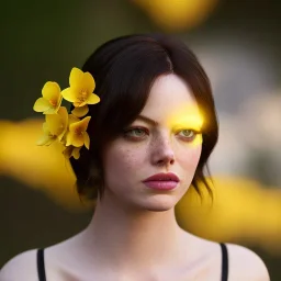 Emma Stone transparent underwear with yellow flowers for hair, closed eyes, rtx, reflection, 8k, glow, winning photography, caustics