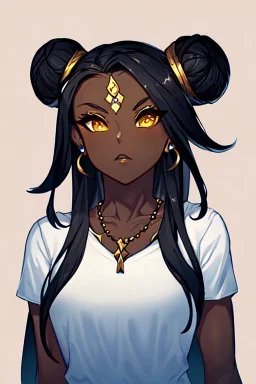 arcane animation series style, league of legends, Solo, 1girl, attractive teenager, african, dark skin, golden eyes, black hair, pair buns, forehead bangs colored in violet, necklace, earrings, modern makeup, (detailed skin texture), white oversize shirt