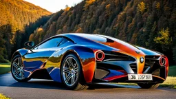 A sleek (((a fusion of buagtti and bmw))), its glossy shell reflecting the (((bright sun))), cutting through a (((clear bright blue morning sky)))