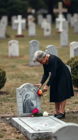 una chica con vestido de grave yard temp an old man with black dress looks sad and putting flowers on the Tomp of his wife , her picture on the grave