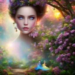 bright fairy, beautiful portrait, flowery landscape