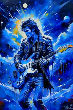 <lora:Eclipse:1.0> wearing his leather jacket, lean, tall, long-legged beautiful Steve Winwood with his guitar; storm clouds, lightning, snowflakes, ice crystals, crescent moon in a nebula sky, extreme colors, white, ice blue, silver, lavender, seafoam green, spray paint, ink in water, luminous color sparkles, smoke, deep forest, glitter snow, snowflakes, pine trees, nebula sky; soft Shading; highly intricate, sophisticated, complex, 80's poster art, extreme neon colors, vaporwave <lora:
