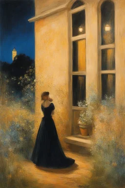 Night, vegetations, flowers, one woman, house, distant buildings, theodor philipsen, and claude monet paintings