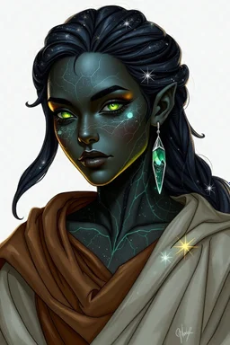 Please generate a female earth genasi cleric in the tempest domain for D&D. She should have dark-colored skin with glittering sparkles like gem dust. She should have lines marking her skin like cracks, showing glimmering gem-like veins and a faint glow. Her hair should appear carved of crystal. She should be in her mid-40s and curvy and fully-clothed in cleric robes.