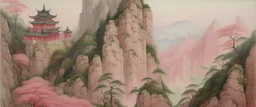 A pale pink castle near a gorge painted by Cai Jia