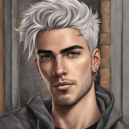 A stunningly detailed (((headshot portrait))), capturing the essence of a young man in his 20s with silver hair and piercing gray eyes, exuding a sense of confidence and protection