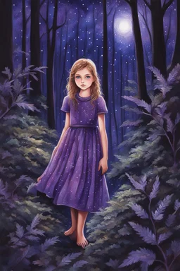 Painting of a girl surrounded by night forest, bright purple dress, bright eyes, sparkles