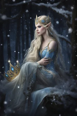 Elven princess,elven crown,long blonde golden hair,rapunzel hair,ice flowers,beautiful,light blue,dark blue,golden armor,sparkle,glitter,ice flowers,snow,elven ears,dark fairy princess