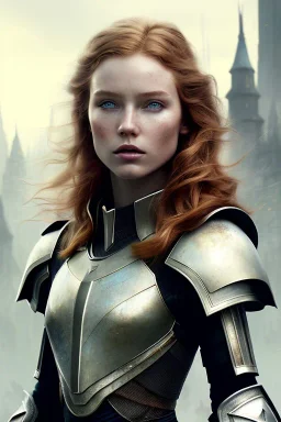 ultrarealistic, concept art, ruined city,__intricate fantasy armor__, no star, __angles__, 18 year old woman, strikingly beautiful,ginger hair, _colour_, (pale __skincolor__ skin:1.2), __camera__, _hair_, detailed face and eyes, medium breasts, fantasy theme, freckles, dynamic pose, resolved expression, __accessory__, strappy outfit, (straps:1.1), sword in scabbard on left hip, (buckles, buttons, snaps, rings:1.0), haltertop style breastplate, detailed eyes, plump lips