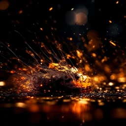 darkness macro photography, glowing sparkle particles, fire particles, dark tone, sharp focus, high contrast, 8k, incredible depth, depth of field, dramatic lighting, beautifully intricate details, clean environment