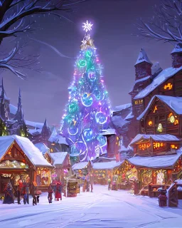 A magical snowy warlock Christmas market with a large Christmas tree