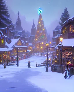 A magical snowy warlock town square with a Christmas tree