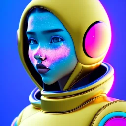 latin woman teenager, few freckles, gold teeth, inflatable coat, purpurin, retro futuristic, latex dress, gradient color, BLUE, PINK, CYAN, neon, insanely detailed, 16k resolution, perfect eyes, cinematic smooth, intricate detail