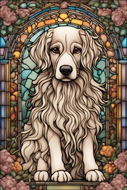 stained glass window design of an overwhelmingly beautiful dog framed with vector flowers, long shiny, wavy flowing hair, polished, ultra-detailed vector floral illustration mixed with hyper realism, muted pastel colours, vector floral details in the background, muted colours, hyper-detailed ultra intricate overwhelming realism in a detailed complex scene with magical fantasy atmosphere, no signature, no watermark