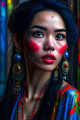 beauty Javanese girl, octane render, HDR, beautiful girl, ultra detailed eyes, mature, plump, thick, Opal drops, paint teardrops, woman Made up from paint, entitely paint, splash, long colored hair, blouse made from paint, ultra detailed texture, blouse, oplaescent paint blouse, paint bulb, water drops, (hair ornaments, earrings, flowers, hair ornaments, dragonfly hair ornaments), outdoors, jasmine trees, vivid colors, sitting, bangs pinned back, 8K