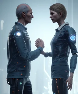 detroit become human, two people looking at each other, real Handshake 10 fingers , sci-fi fantasy style, volumetric lighting, particales,highly detailed,cinamatic, deep colours,8k.