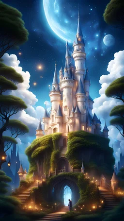 Sky City Castle Forest Arbesque Avatar Fantasy White Clouds Starry Sky Background Fairy Tale HD Clear Delicate ,8k