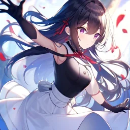 Clear focus,High resolution,High quality,Black sleeveless shirt, White Jacket that is falling off, Red ribbon in the back, Wearing a white skirt, Black gloves, Black long hair, Purple eyes