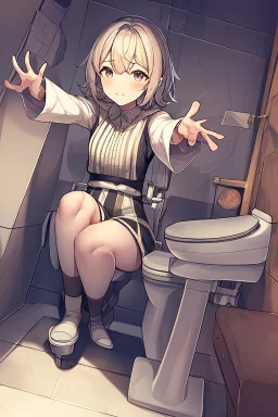 anime girl sitting on the toilet, reaching for toilet paper