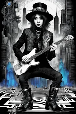 Mixed media picture, the background is black and white line art cyber city In the middle a colorful photo of an attraktive goth asian man playing on the old guitare , wearing goth dark cloths, shiny black jeans, steampunk black hat and black boots, his hair is deep blue-silver lines ans black colors, enhancing the contrast between her and the black and white cityscape space, cinematic