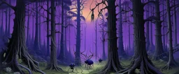 A violet haunted forest with lightning elemental beetles designed in Javanese shadow puppets painted by Caspar David Friedrich