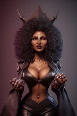 Pam Grier as evil queen in black leather, leather, busty, cleavage, angry, stern look. character design by cory loftis, fenghua zhong, ryohei hase, ismail inceoglu and ruan jia. unreal engine 5, artistic lighting, highly detailed, photorealistic, fantasy