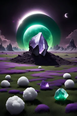 奇怪的紫綠色草地，散佈巨型棉花球以及幾處巨型發光水晶礦，背景黑色的太空中間有日環蝕