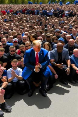 hundreds of people kneeling in front of donald trump