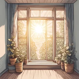 A window through which sunlight enters a beautiful, tidy room hand-drawn illustration style