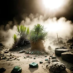 A striking quality Kodak photograph captures a wasteland with monsters and group of plants, creepy, details of the dust very accentuated, glossy organic mass, adorned with minerals and rocks. Bathed in intense light, eerie, Max Ernst style, sun, fog