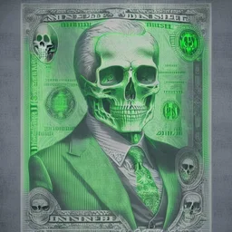 a head and shoulders portrait of a skeleton dressed in a three-piece suit as the president of the united states, based on us currency, united states one dollar bill, shades of green, line ink green drawing, real-life, colors match the united states one dollar bill, realistic, robotic,