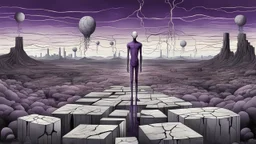 a nonbinary human figure stands inner in middle of an giant block of stone consisting of several layers outside around weird landscape with city in the distance, sharp lines, fade pale eyes, fade human figures in city, dark purple, gray, black, white, brown. Whimsical style and surreal vibe, lonely with absurd broken land, neuron network background, surreal nightmare vibe