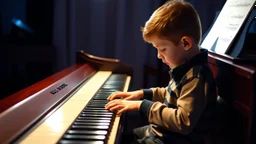 Young schoolboy playing the piano, award-winning colour photograph, beautiful lighting, accurate piano keyboard