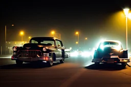 Coche Cadilac americano en mitad de la noche tan sólo iluminado por una farola y los faros del coche, imagen al estilo del fotógrafo Hugo Alonso