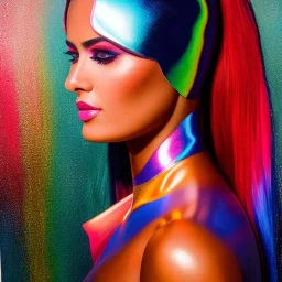 Full body portrait, painting, medium shot lady rainbow striped metallic skin