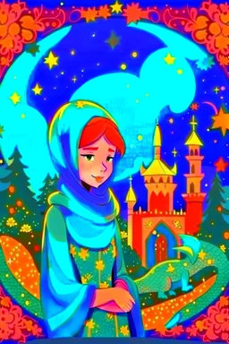 Muslim girl wearing a scarf with a dragon. trees . A sky colored with stars and planets. . And mosques