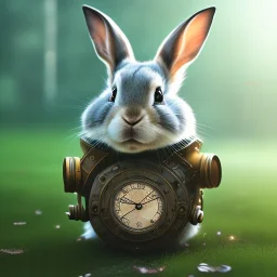 steampunk rabbit, extremely detailed, UHD, 8k,The close-up camera effect,sharp focus,perfect, background forest,position,hyperphotorealistic