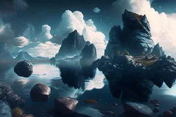 rocks, lake, clouds, epic, sci-fi