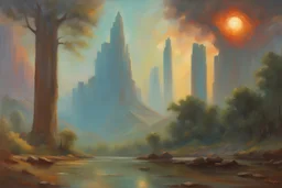 Rocks, mountains, planet in the sky, sci-fi, 90's sci-fi movies influence, wilfrid de glehn, and rodolphe wytsman impressionism paintings