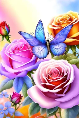 Trés belles roses, rainbows, beautiful colors gardens , flowers, cascades,Birds, butterfly