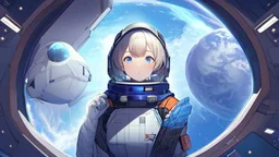 Female Astronaut looking out into space from a small window on her spaceship, in the style of Perfect Blue, Somber, beautiful planets, stars, inside of the spaceship, viewing from behind