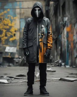 Banksy style. Whole body. Masterpiece of a hooded killer Cyborg, his eyes are intense, (((full body))), contrasting colors. Fondo ciudad